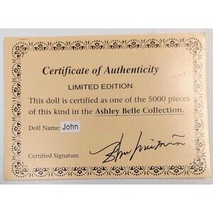 Ashley Belle Collection JOHN Doll - Certificate of Authenticity (COA only)